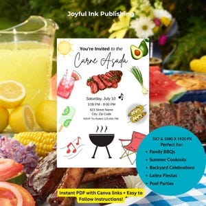 May include: A digital invitation for a Carne Asada, featuring illustrations of food and BBQ elements. The invitation includes the event details, date, time, and RSVP information. The design is set against a backdrop of food and drinks.