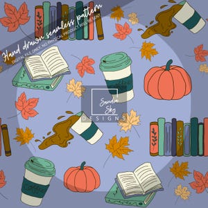 May include: A seamless pattern featuring a variety of autumnal elements, including books, coffee cups, pumpkins, and maple leaves. The background is a light purple color. The text "Sandia Sky Designs" is included in the pattern.