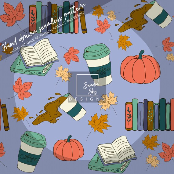 Bookish Fall Seamless Pattern: Coffee, Pumpkins, Books (PNG Digital Download)