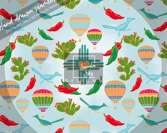 New Mexico Seamless Pattern: Zia, Cactus, Roadrunner (PNG Digital Download)