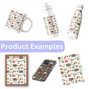 Seamless pattern of cozy fall seamless print with books, pumpkins, coffee cups and leaves on product examples of a mug, water bottle, metal insulated water bottle, framed print, phone case, and notebook