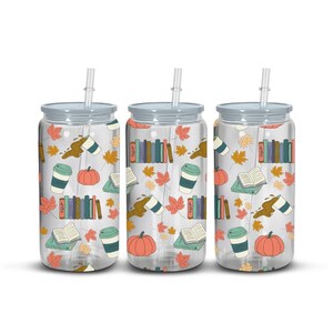 Seamless cozy pumpkins and coffee and books with leaves design on Libby glass cans with straws