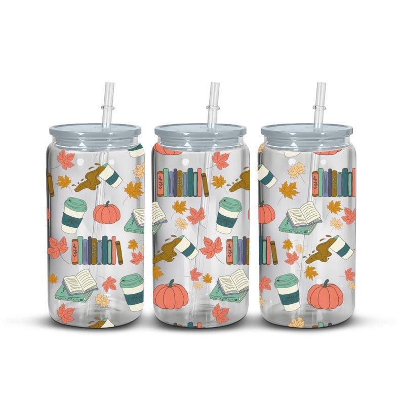 Seamless cozy pumpkins and coffee and books with leaves design on Libby glass cans with straws