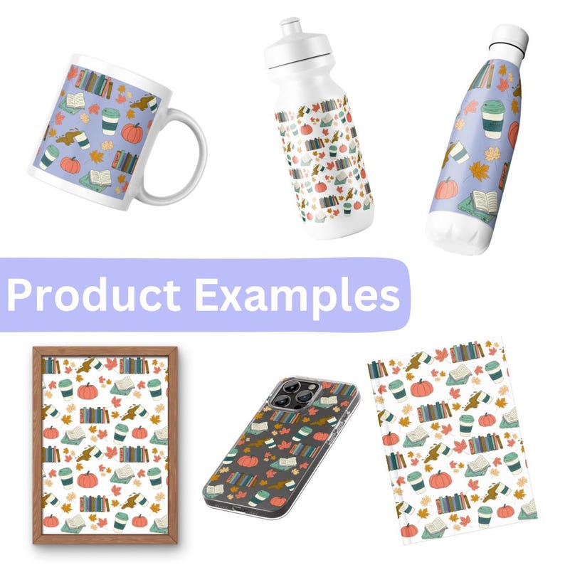 May include: A set of products featuring a fall-themed pattern with books, coffee cups, pumpkins, and leaves. The pattern is printed on a white mug, a white water bottle, a clear phone case, a framed print, and a sticker.