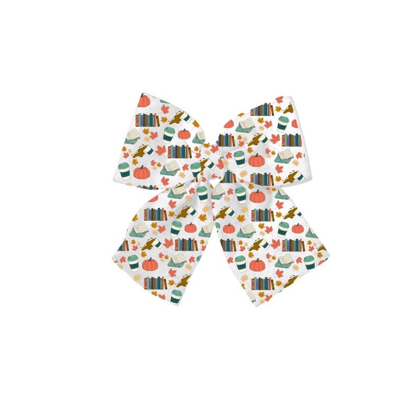 Product Example hair bow with seamless design with coral pumpkins mint coffee cups, books and fall leaves