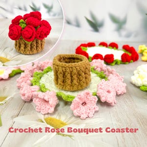 May include: Crochet rose bouquet coaster set. The set includes a brown crocheted basket with red roses, a brown crocheted coaster with pink flowers, and a white crocheted coaster with red roses.