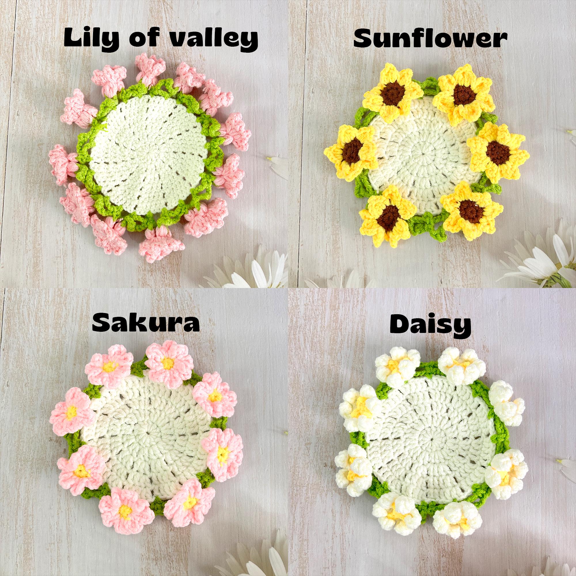 手作りかぎ針編みの花束コースター：パーソナライズされた花飾り、母の