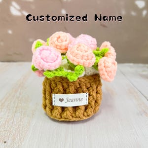 May include: A handmade crochet flower arrangement in a brown pot. The flowers are pink and peach, with green leaves. A white tag on the pot reads "Jeanne" with a heart symbol. The text "Customized Name" is above the arrangement.