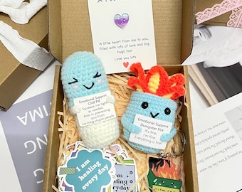 Gift Box Set: Crochet Dumpster Fire, Bomb, Chill Pill, Keychain, Stickers, Desk Decor, Pocket Hugs, Emotional Support Gift