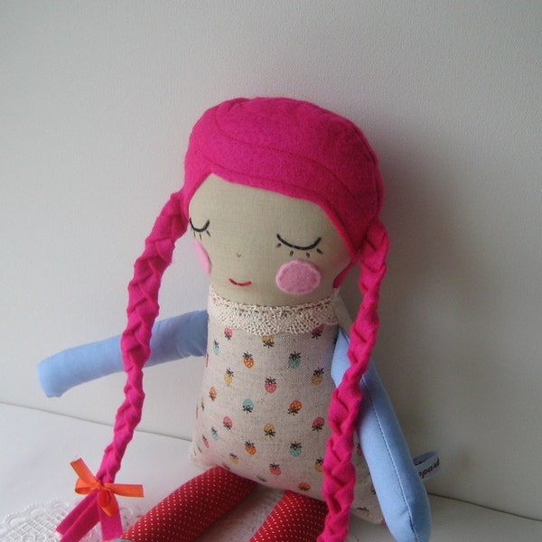 Handmade cloth doll with pink hair with long braids and Japanese linen body.