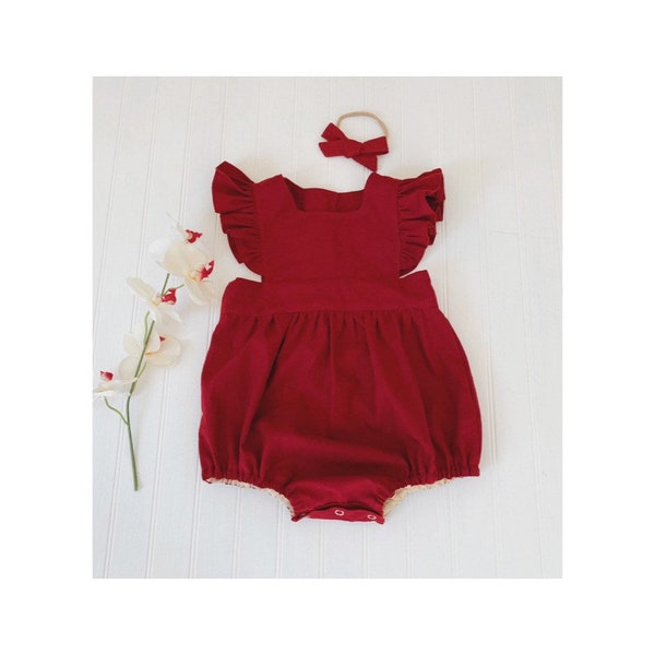 Red baby romper, Red baby jumper, Red linen baby girl romper, Toddlers red romper, holidays baby clothes, Christmas girls romper