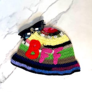 Crochet Scrap Yarn Bucket Hat with “BFF” Motif