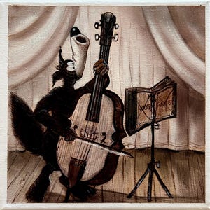Hand painted Wolf Playing the Double Bass Art Painting - Unique Piece - Il Rossoniglio