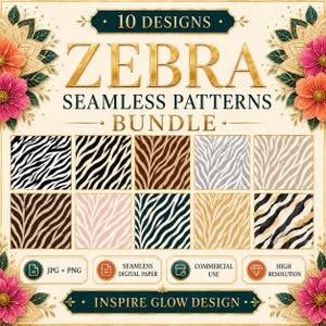 Puede incluir: Un paquete de arte digital con diez patrones sin costuras de estampado de cebra en varios colores, incluyendo blanco y negro, marrón y dorado. La imagen incluye el texto "ZEBRA SEAMLESS PATTERNS BUNDLE" e iconos para JPG + PNG, papel digital, uso comercial y alta resolución.