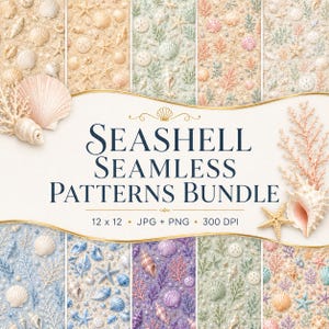 May include: A collection of seashell seamless patterns in various colors, including beige, pink, blue, and purple. The patterns feature seashells, starfish, and coral. The text reads "Seashell Seamless Patterns Bundle".