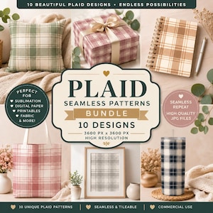May include: An assortment of plaid pattern designs, including a pillow, gift box, notebook, tote bag, framed print, and tumbler. The image features the text "PLAID SEAMLESS PATTERNS BUNDLE" with 10 designs, perfect for sublimation, digital paper, and fabric.