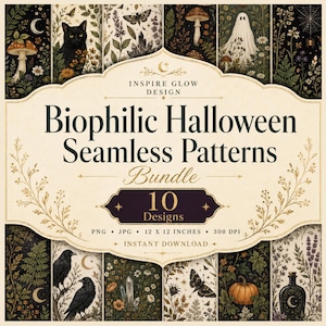 Biofila Halloween sömlösa mönster, häxigt botaniskt digitalt papper, sublimeringsbakgrunder med gotisk trädgård, utskrivbart paket