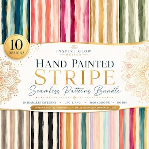 Pode incluir: Um pacote de arte digital com dez padrões de listras sem costura pintados à mão. Os padrões exibem listras verticais em várias cores, incluindo verde-azulado, coral, rosa e dourado. A imagem inclui o texto "HAND PAINTED STRIPE Seamless Patterns Bundle".