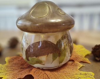 Hand Poured Resin Mushroom Jar: Dried Flowers & Herbs Trinket Jar