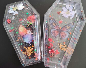 Resin Coffin Box: Pressed Flowers, Butterfly Trinket Stash Box