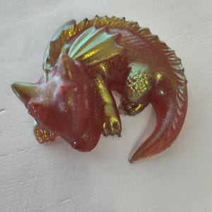 Salmon Pink and Gold Sleeping Baby Dragon , Figurine, Knick Knack, Decorative, Decorations