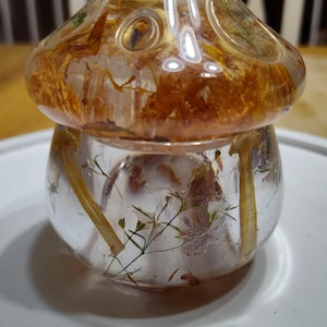 Słoik na grzyby, żywica epoksydowa, świeca tealight, suszone kwiaty, prawdziwe suszone grzyby, jesień, dekoracja, ręcznie wylewane, słoik na drobiazgi, zioła, zbiory