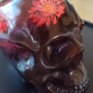 Resin Skull with Dried Flowers, Red, Butterfly, Handmade