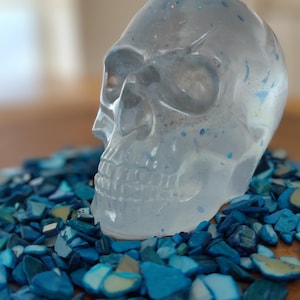 Resin Skull with Glitter, Halloween, Decoration, Decor, Paper Weight, Epoxy Resin, Spooky, Cute, Holiday, Clear Cyan Blue