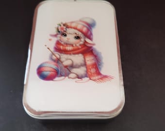 Knitting Sheep Notions Tin: Resin-Coated Slide Top Storage Box Craft Supplies Mint Tin Christmas