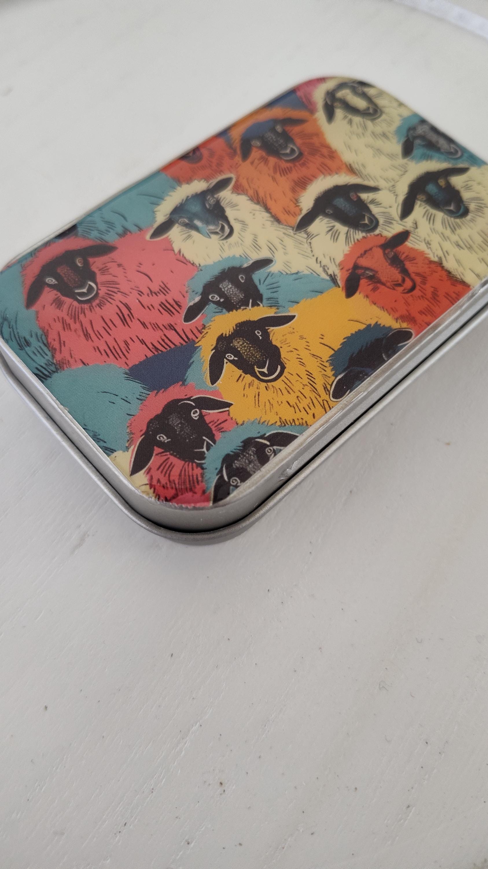 Colorful Sheep Notions Tin, Sewing, Knitting, Pill Box, Gift Card Tin, Mint Tin
