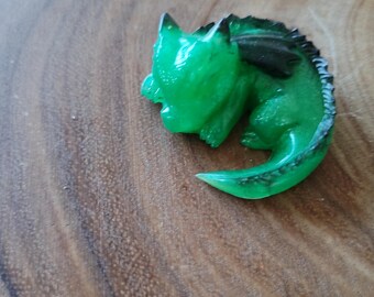 Tiny Green and Black Sleeping Baby Dragon , Figurine, Knick Knack, Decorative, Decorations