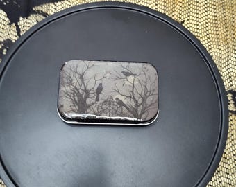 Crow Notions Tin, Gothic, Halloween,  Sewing, Knitting, Pill Box, Gift Card Tin, Mint Tin, Resin