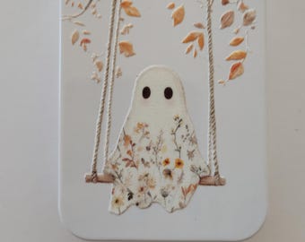Fall Ghost Large Notions Tin: UV DTF Slide Top Box Knitting Craft Supplies