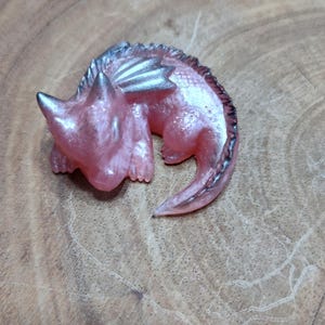 Tiny Rose Pink and Silver Sleeping Baby Dragon , Figurine, Knick Knack, Decorative, Decorations