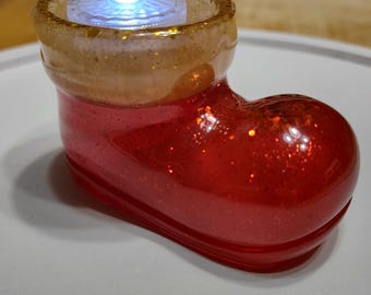 Santa Boot Resin Tea Light Candle Holder, Handmade, Red