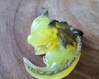 Tiny Yellow and Black Sleeping Baby Dragon , Figurine, Knick Knack, Decorative, Decorations