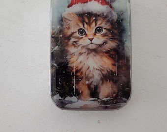 Christmas Kitten Resin Notions Tin: Handmade Sewing Pill Box