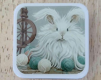 Notions Tin: Resin-Coated Flip Top Square Box English Angora Knitting Craft Supplies Storage