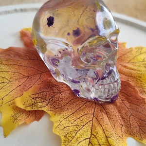 Resin Skull, Clear with Yellow and Purple Real Dried Flowers, Halloween, Decoration, Decor, Paper Weight, Epoxy Resin, Spooky, Cute, Resin