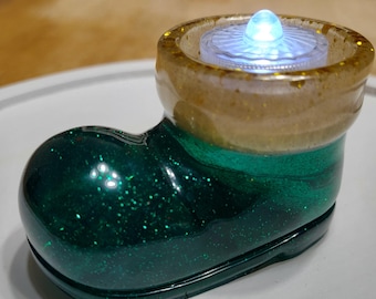 Santa Boot Resin Tea Light Candle Holder, Handmade, Green
