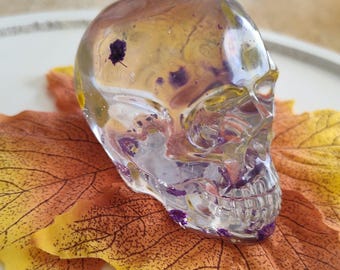 Clear Resin Skull with Dried Flowers: Spooky Halloween Decor