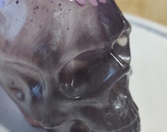 Resin Skull with Real Dried Flowers, Purple, Butterfly, Handmade