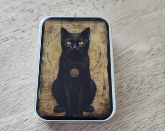 Black Cat Notions Tin: Resin Coated Slide Top Box Knitting Craft Supplies