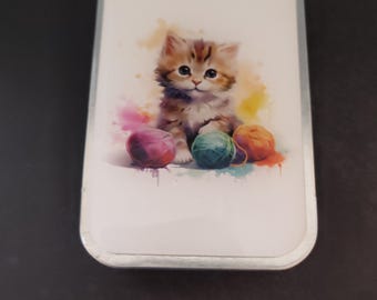 Kitten with Yarn Balls Notions Tin: Resin-Coated Slide Top Tin Box