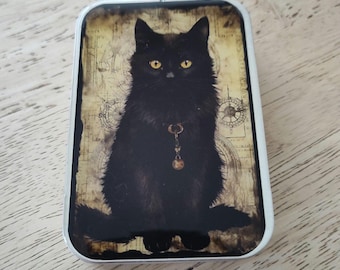 Black Cat Notions Tin: Resin Coated Slide Top Box Knitting Craft Supplies