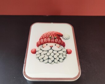 Knitted Santa Notions Tin: Resin-Coated Slide Top Storage Box Craft Supplies Mint Tin Christmas