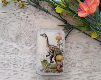 Dinosaur Notions Tin: Resin-Coated Sewing Knitting Pill Box