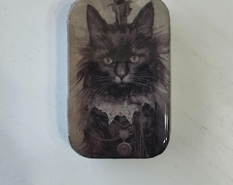 Victorian Black Cat Notions Tin: Gothic Sewing Pill Box
