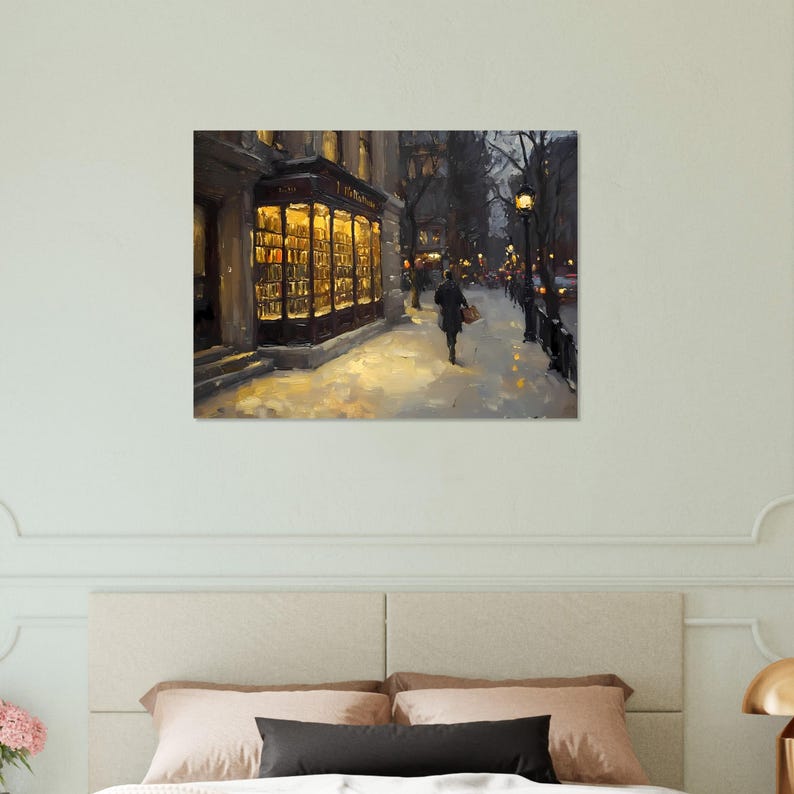 POSTER VERSION Glowing Bookstore on Street Oil Painting, Quaint Library ...