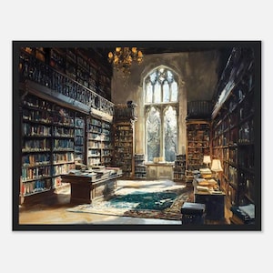 WERSJA PLAKATOWA Przytulne wnętrze czytelni Malarstwo olejne, Urocza biblioteka, Epoka romantyczna, Miejska nostalgia, Ekspozycja biblioteczna, Ciepły odcień